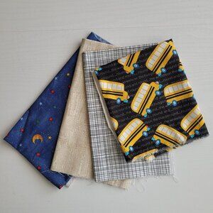 4 Scrap/Fat Quarter Children's LOT cotton blend Fabric School bus Moon stars 90s